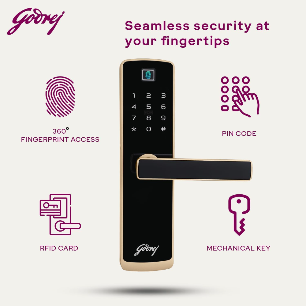 Godrej Locking Solutions and Systems Smart LocksICatus Touch PlusISmart Digital Lock for Wooden DoorI4 in 1 AccessI FingerprintIRfidIPin AccessIMechanical KeyIChampagne Gold Finish, Alloy Steel